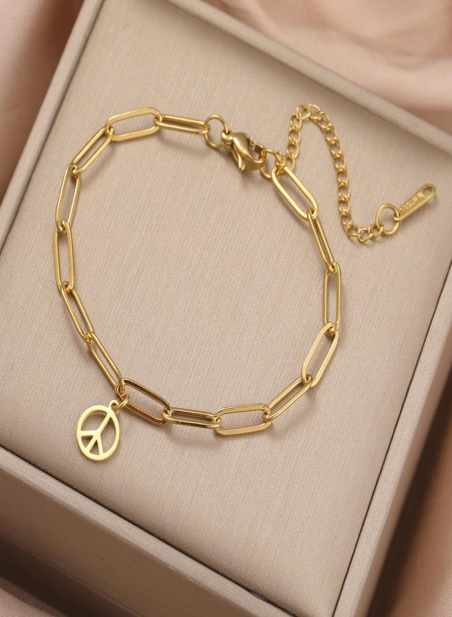 UNIFT Peace Sign Bracelet Anklet for Women Men Stainless Steel Hippie Style Peace Love Sign Symbol Paperclip Chain Bracelets Anklet Party Dressing Accessories for 60s or 70s (gold) - Image 5